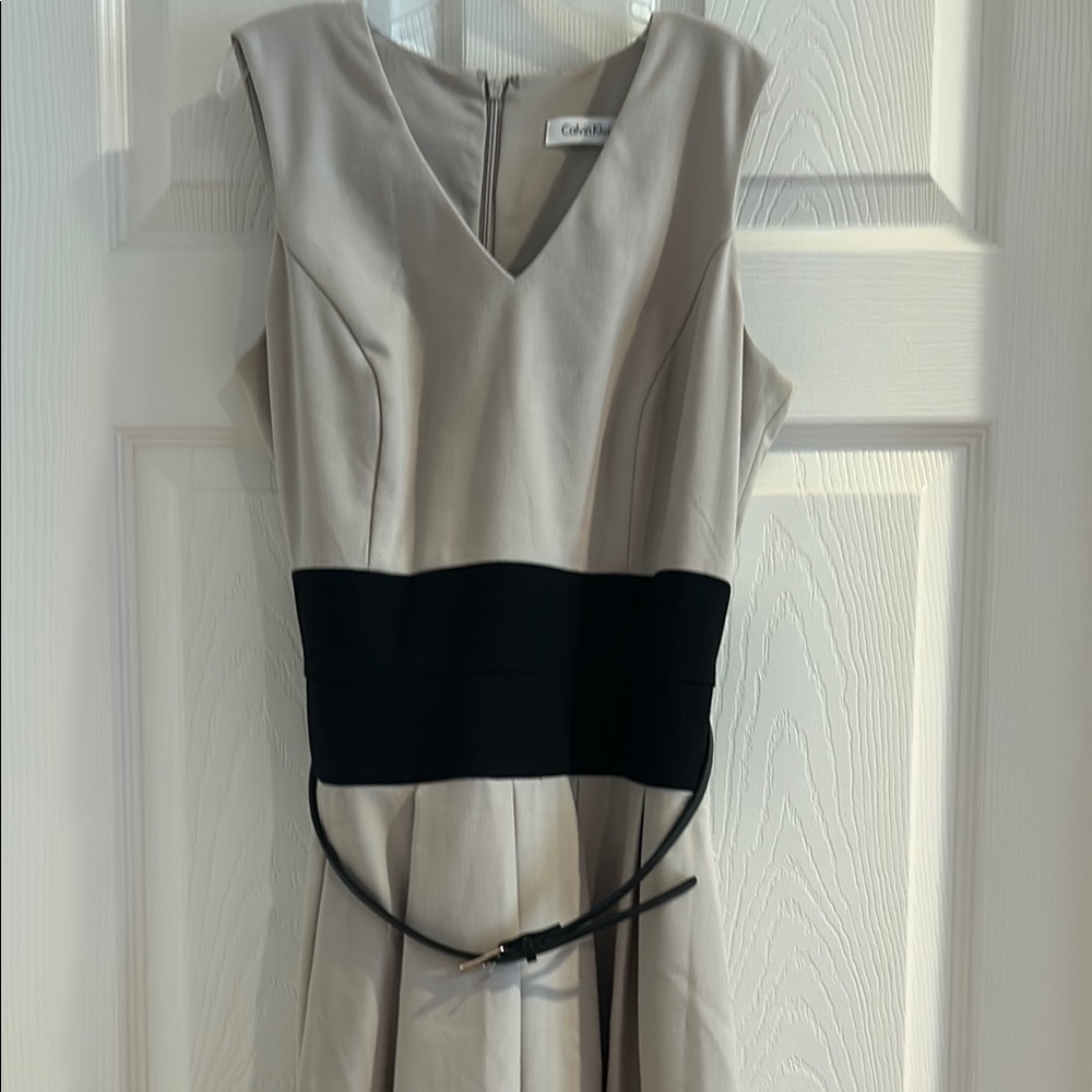 Calvin Klein Cream and Black Midi Dress with Belt-4 Petite